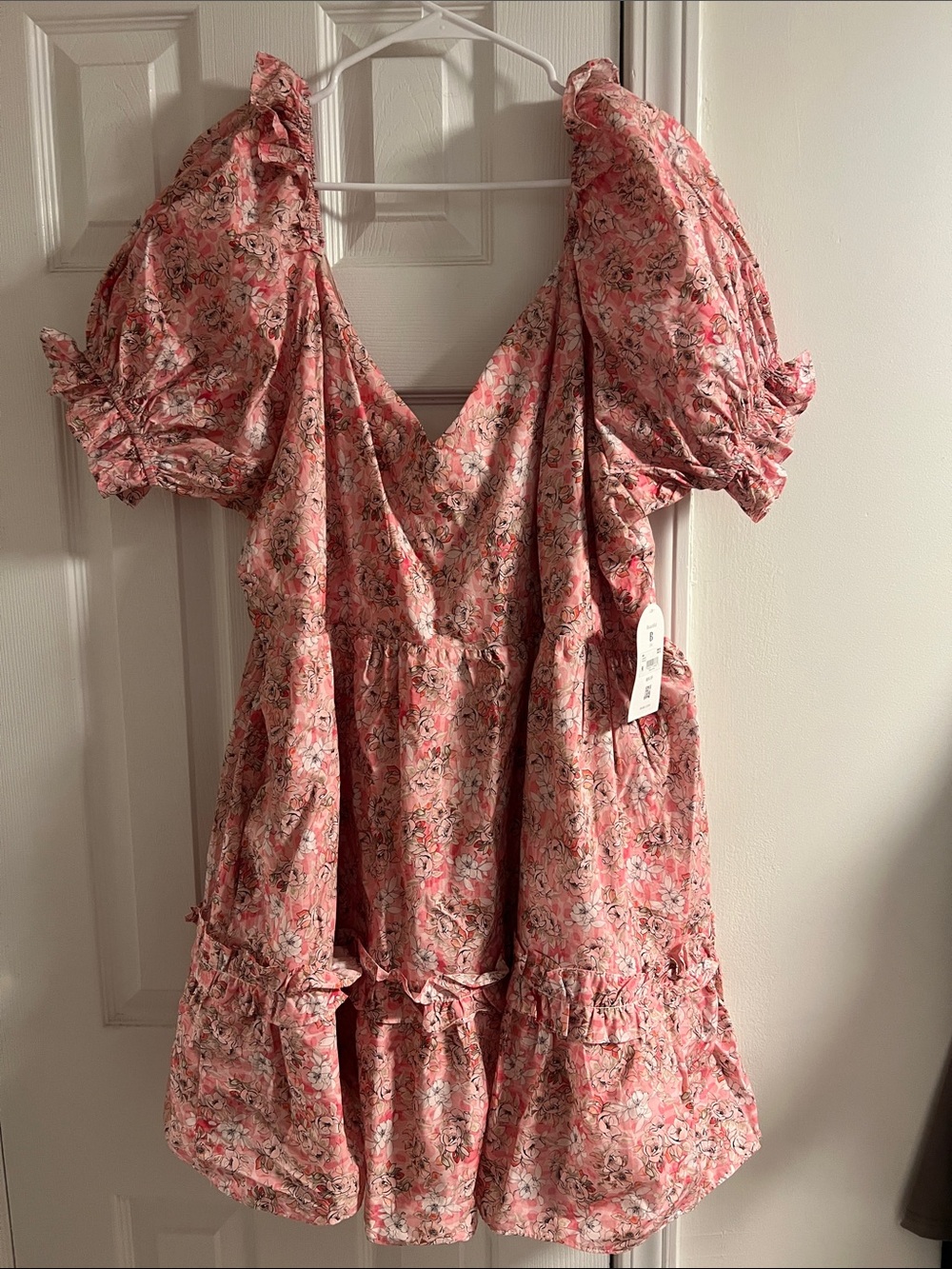 ARULA Pink Floral Puff-Sleeve Tiered Mini Dress